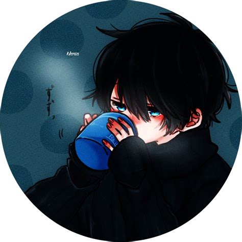 An Anime Character With Blue Eyes And Black Hair Drinking From A Cup In Front Of A Dark Background