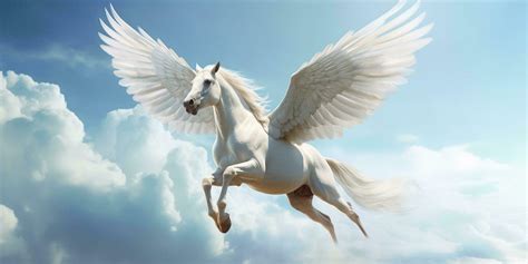 White Horse With Wings Flying In The Blue Sky With Ai Generated