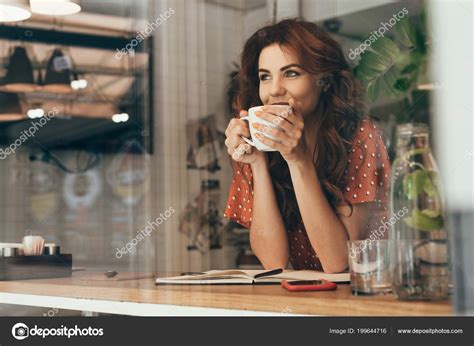 Portrait Young Woman Drinking Coffee Table Notebook Cafe Stock Photo By