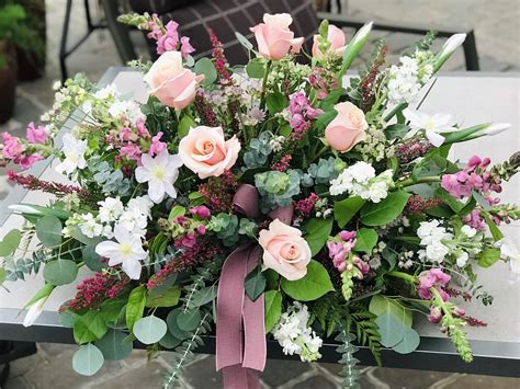 Sympathy Flowers Casket Spray Pink and White - Fergusons Garden Center