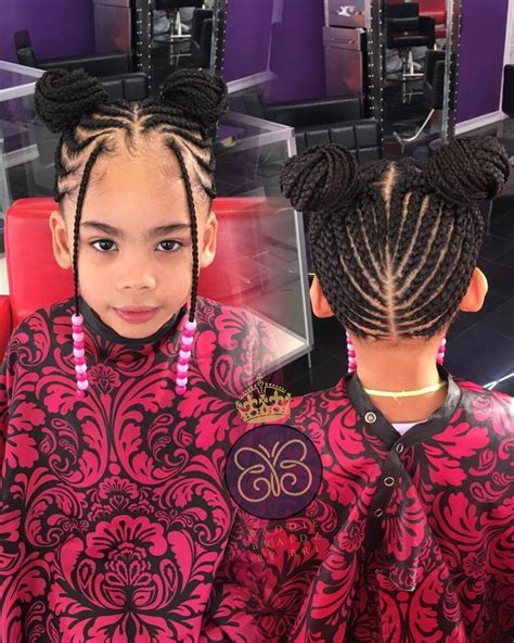 Little Girls Cornrow Braids Into Two Buns With Braid Bangs And Beads