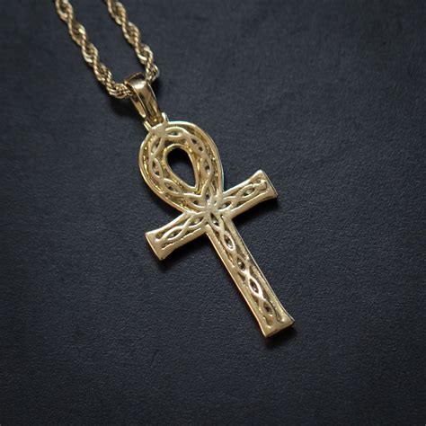 Mens 14k Gold Plated Ankh Cross Pendant Charm Necklace With Lab