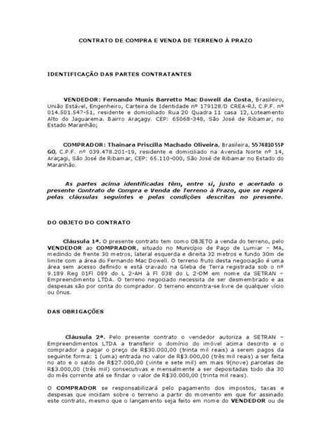 Contrato De Compra E Venda De Terreno À Prazo Pdf Economias Governo