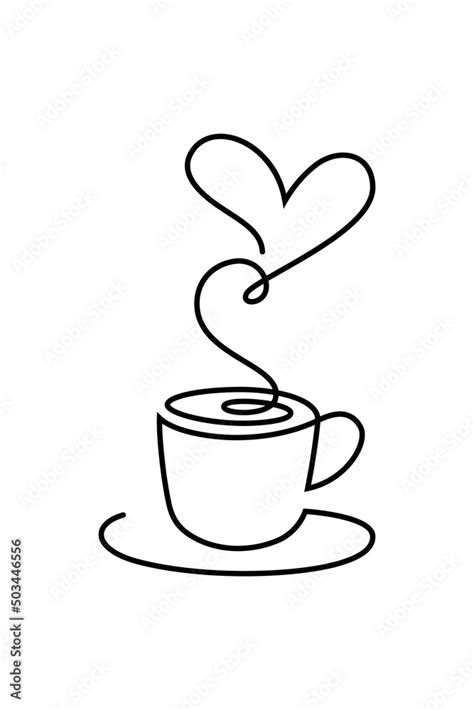 Hot Coffee Cup With Heart Shape Aroma Steam In Continuous Line Art