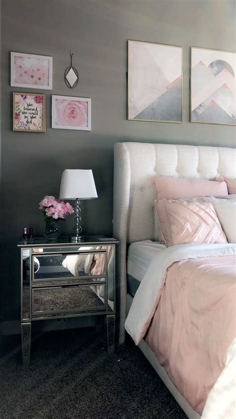 Mirrored Bedside Table Gray Pink Gold And White Bedroom