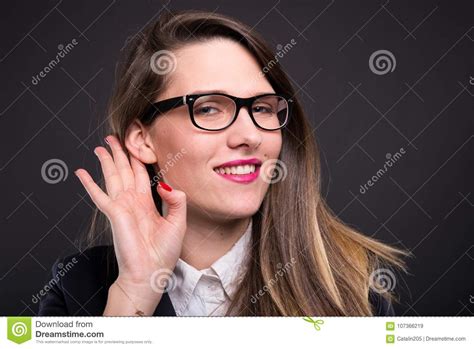 Business Woman With Hand To Ear Listening Stock Image Image Of