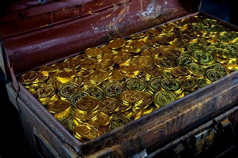 Stacking Gold Coin In Treasure Chest Stock Photo Image Of Fortune