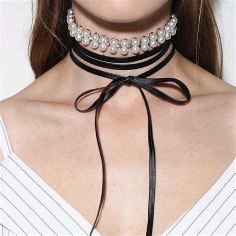 Multilayer Simulated Pearl Full Crystal Leather Choker Necklace Women
