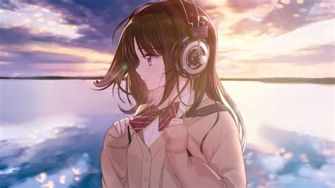Download Anime Girl Original Headphone Sunset Outdoor Art
