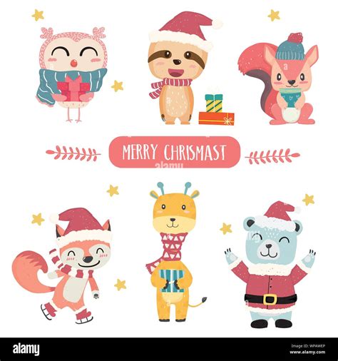 Cute Happy Pastel Animal In Merry Christmas Theme Collection Flat