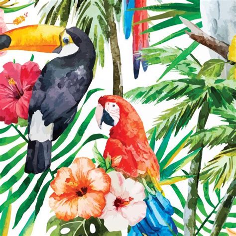 Poster Tropical Birds Art And Illustration Watercolor Illustration