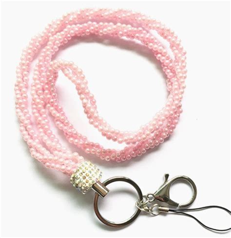 New Fashion Pink Color Pearl Neck Lanyard Bling Crystal Lanyard For Id