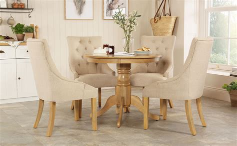 Kingston Round Oak Dining Table With 4 Duke Oatmeal Fabric Chairs