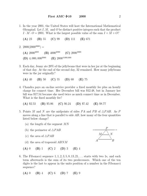 2000 Amc 10 Problems Elementary Mathematics Geometry