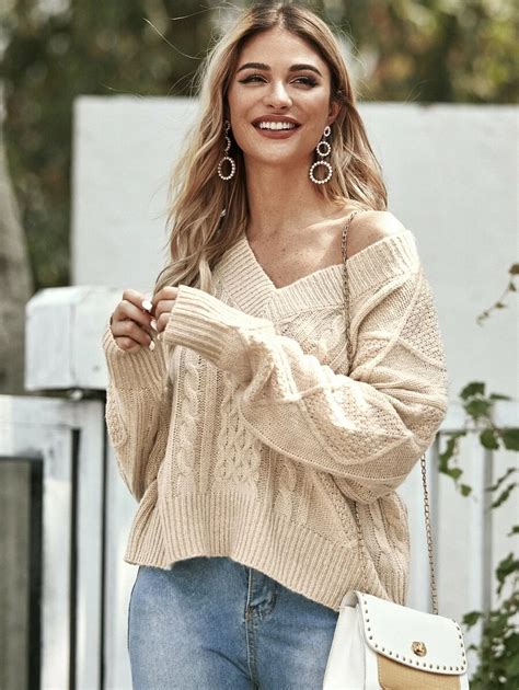 Shein Drop Shoulder Cable Knit Oversized Sweater Cable Knit Sweater