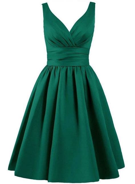 Emerald Green Satin Knee Length A Line Evening Dress Featuring Plunge V