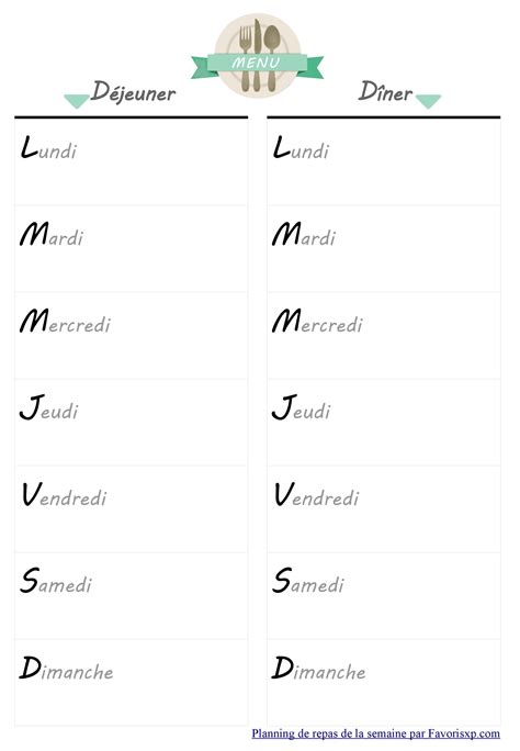 Préparer quotidiennement des repas pour toute le famille. Menus de la semaine à imprimer - Plannings vierges gratuits PDF.