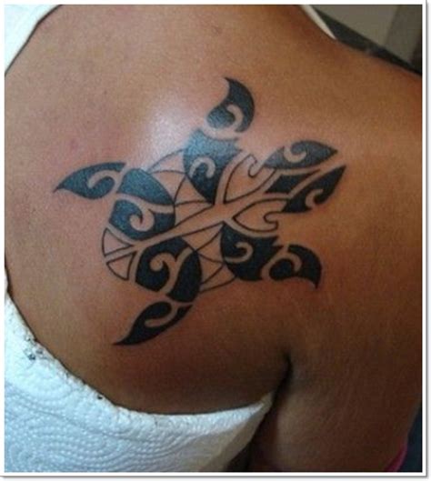 Outline Black Polynesian Turtle Tattoo On Back Shoulder