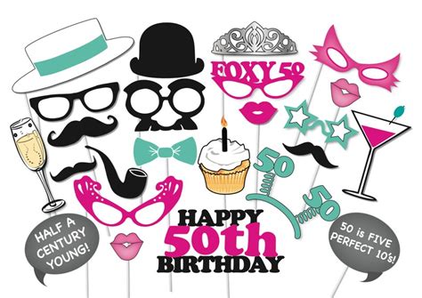 50th Birthday Photobooth Party Props Set 26 Piece Printable Etsy