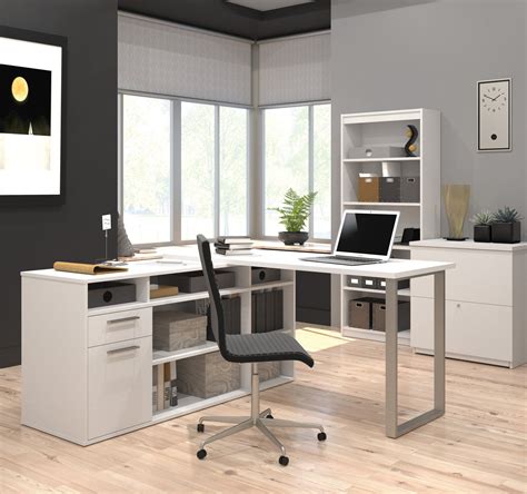 Set Of 3 L Shaped Desk Lateral File And Bookcase In White