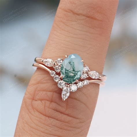 Moss agate engagement ring set unique vintage yellow gold | Etsy