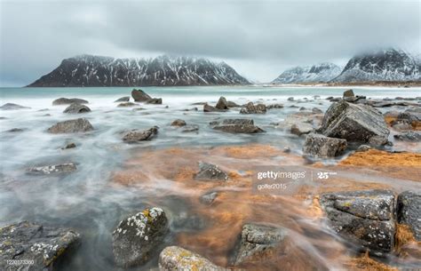 A View Of Skagsanden Beach At Flakstad Using A Long Exposure