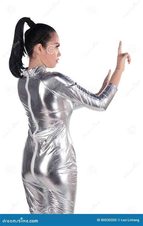 Asian Woman Wearing Silver Latex Suit Stock Image Image Of Future Human 80530205