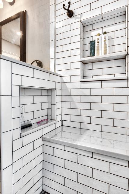 White Subway Tile Shower Niche Master Bathroom Country Bathroom