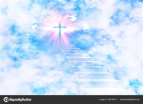 Stairs Leading Sky Glittering Cross Flying Doves Horizontal Composition