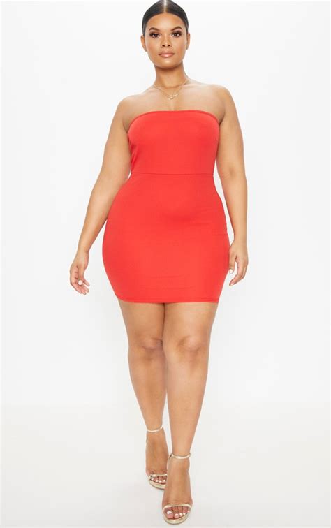 Plus Red Bandeau Bodycon Dress Plus Size Prettylittlething Aus