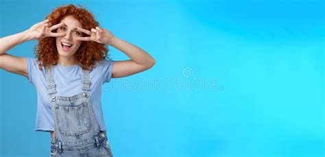 Cheerful Cute Redhead Ginger Girl Curly Haircut Show Positivity Peace Victory Signs Eyes Smiling
