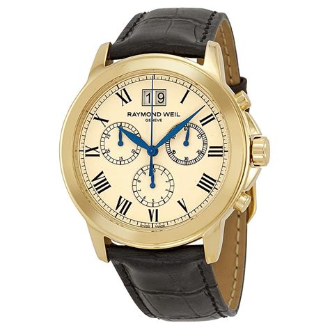 Raymond Weil Tradition Beige Dial Black Leather Mens Watch