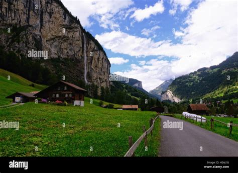 Country Road And Farm Houses In Lauterbrunnen Valley Jungfrau Region