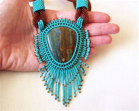 Bead Embroidery Necklace Pendant Beadwork With Blue Lace Etsy