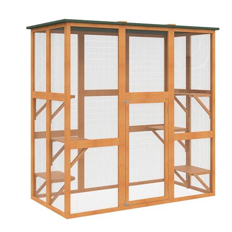 Pawhut Large Wooden Outdoor Cat House Catio Enclosure Kitten Cage With