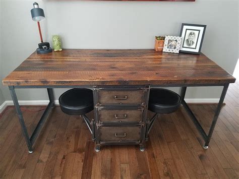 Vintage Industrial Reclaimed Wood Desk With Drawers And Swing Arm Seats