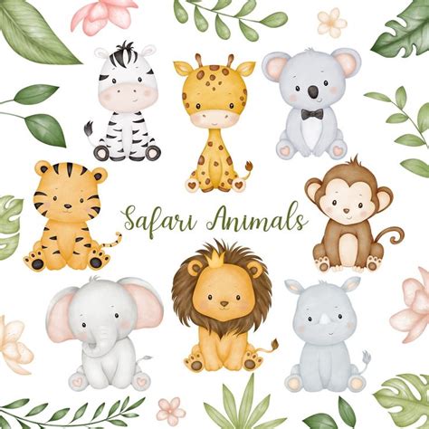 The Safari Animals Are Grouped Together In This Watercolor Clipart Set
