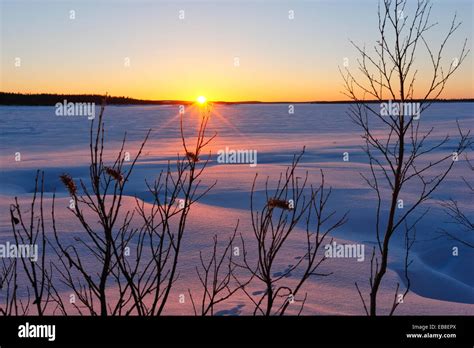 Winter Landscape Sunset In Lapland Finland Stock Photo Alamy