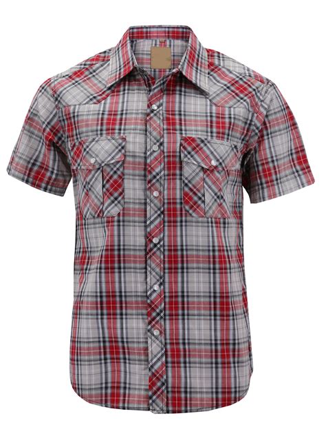 VKWEAR Mens Western Short Sleeve Button Down Casual Plaid Pearl Snap