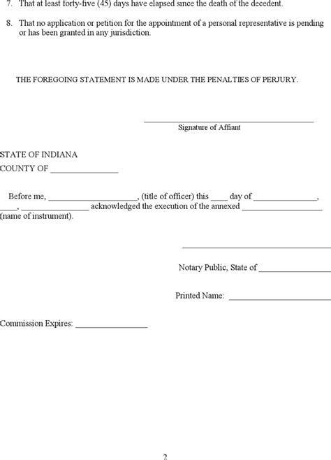 Free Indiana Small Estate Affidavit Form Pdf 11kb 3 Pages Page 2