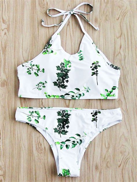 Shop Jungle Print Halter Bikini Set Online SheIn Offers Jungle Print