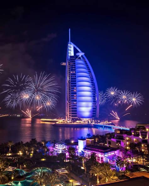 Burj Al Arab Luxury Hotel Jumeirah St Dubai Uae Night Fireworks