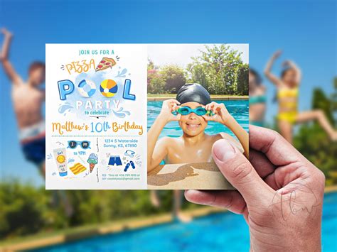 Pizza Pool Party Invitation Boy Pool Party Pizza And Pool Party Photo Invite Swimming Party