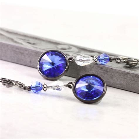 Sapphire Earrings Royal Blue Crystal Gray Gunmetal Drops