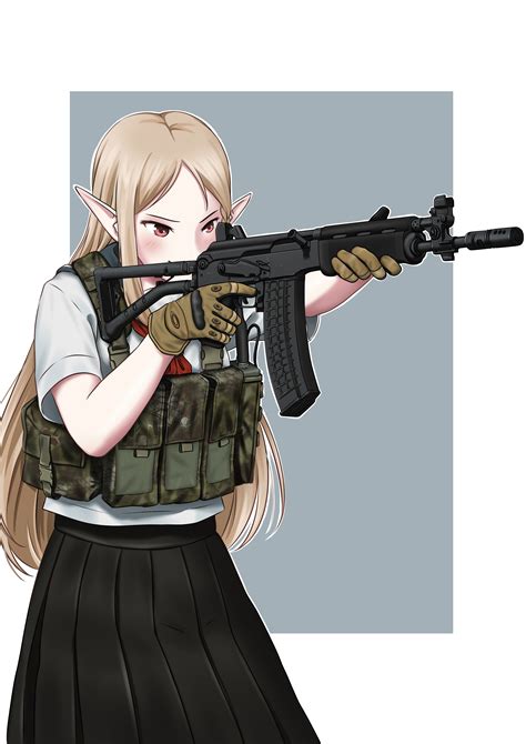 Safebooru 1girl Absurdres Aiming Assault Rifle Blonde Hair Brown Eyes Camouflage Commentary