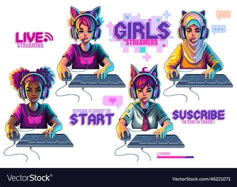 Girl Gamer Or Streamer With Cat Ears Headset Sits Vector Image