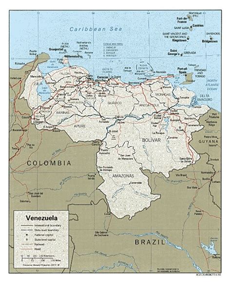 Grande Mapa Político Y Administrativo De Venezuela Con Carreteras Y Ciudades 1993 Venezuela
