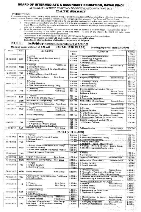 Bise Rawalpindi Board 9th Class Date Sheet 2020 Sablyan