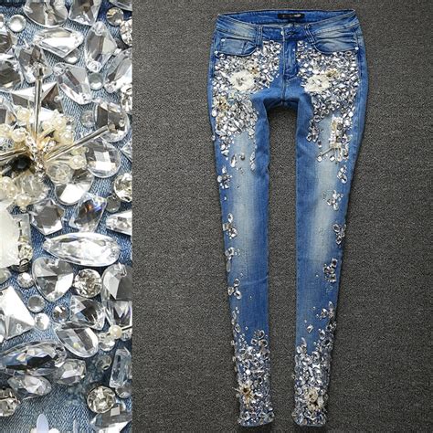 Brand Women Luxury Rhinestones Diamond Leggings Denim Jeans Women Pants Skinny Stretch Plus Size