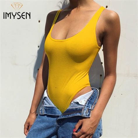 Imysen Sexy Bodysuit Summer Solid Yellow Bodysuits One Piece Skinny